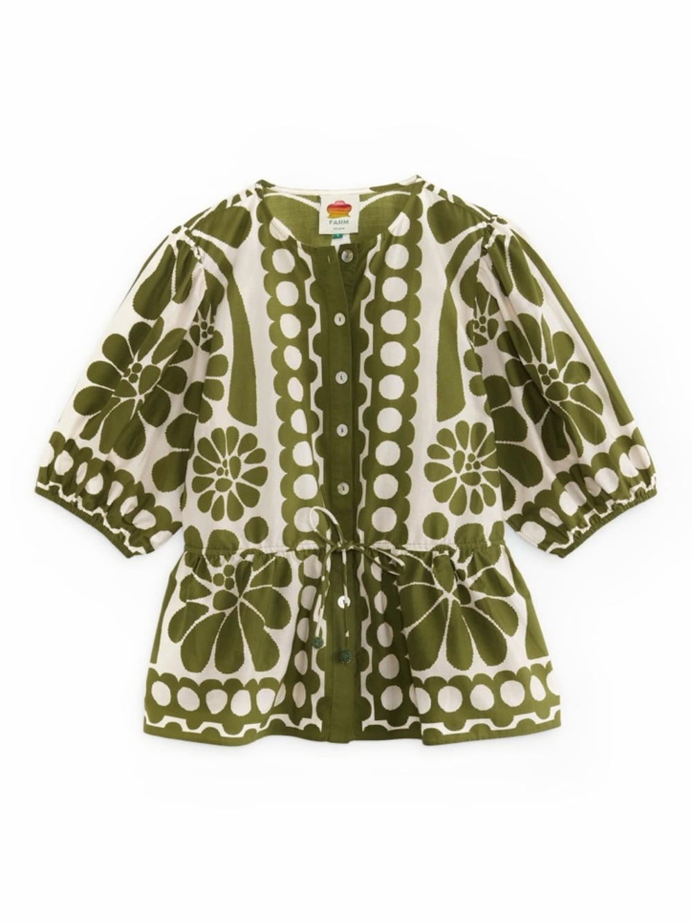 FARM Rio Green Palermo Drawstring Cinch-Waist Blouse Size Large NWT